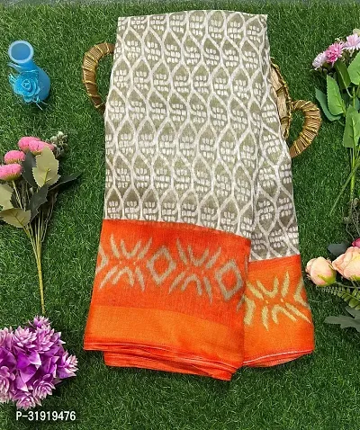 Stylish Orange Cotton Blend Printed Saree With Blouse Piece For Women