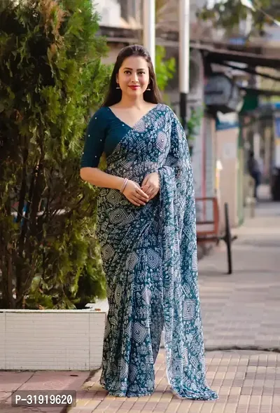 Stylish Teal Georgette Printed Saree With Blouse Piece For Women-thumb0