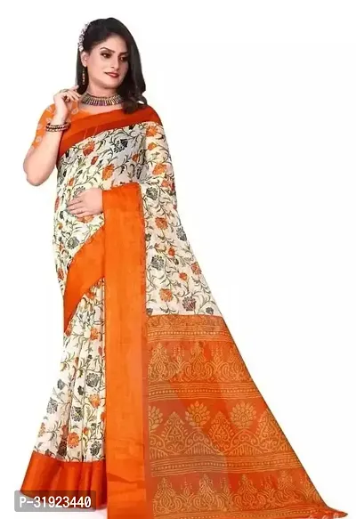 Stylish Orange Cotton Printed Saree With Blouse Piece For Women-thumb0