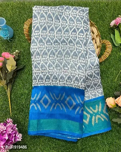 Stylish Blue Cotton Blend Printed Saree With Blouse Piece For Women