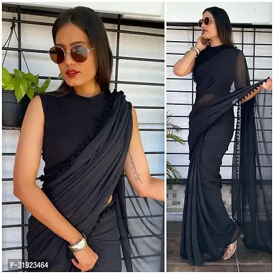 Stylish Black Georgette Solid Saree With Blouse Piece For Women-thumb0