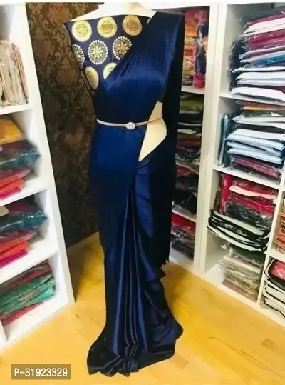 Stylish Navy Blue Silk Blend Solid Saree With Blouse Piece For Women-thumb0