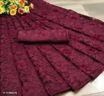 Beautiful Maroon Net Printed Saree with Blouse Piece For women-thumb0