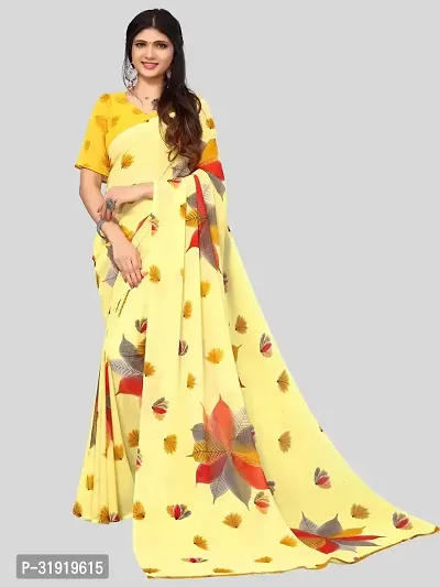 Stylish Yellow Georgette Printed Saree With Blouse Piece For Women-thumb0