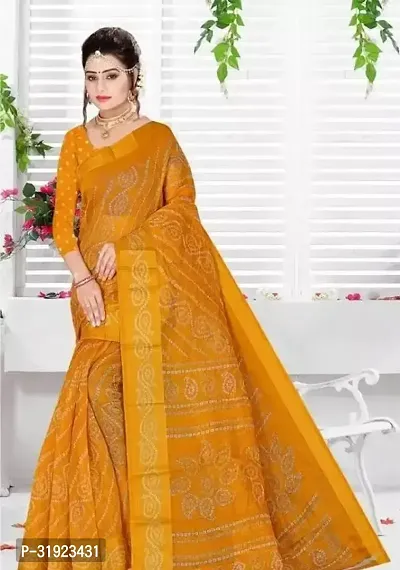 Stylish Yellow Cotton Printed Saree With Blouse Piece For Women-thumb0