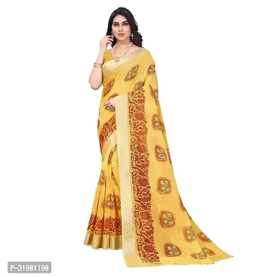 Stylish Yellow Cotton Blend Saree With Blouse Piece For Women