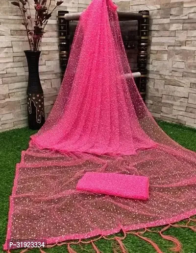 Stylish Pink Net Woven Design Saree With Blouse Piece For Women-thumb0