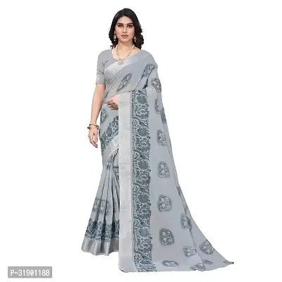 Stylish Grey Cotton Blend Saree With Blouse Piece For Women-thumb0