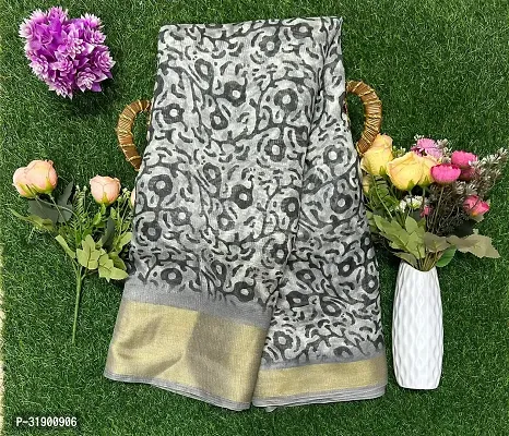 Stylish Grey Cotton Blend Saree With Blouse Piece For Women-thumb0