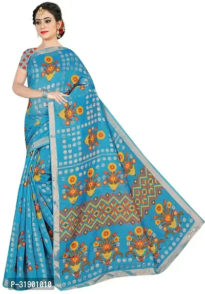 Stylish Blue Cotton Silk Saree With Blouse Piece For Women-thumb0