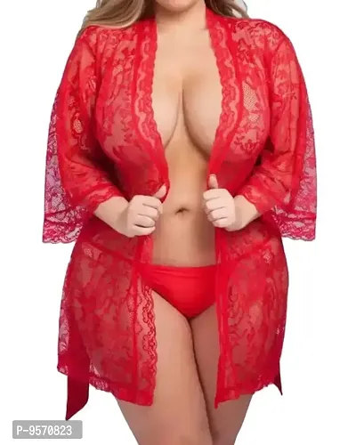 Love Maker Women's Satin and Net Nighty Robe with Panty Set (Free Size)(1011-Red)-thumb2