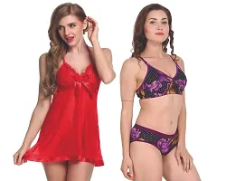 Love Maker Net Lace Babydoll Nightwear for Honeymoon with Stylish Bra Panty Set for Women  Girls, Combo Set of 2-thumb2