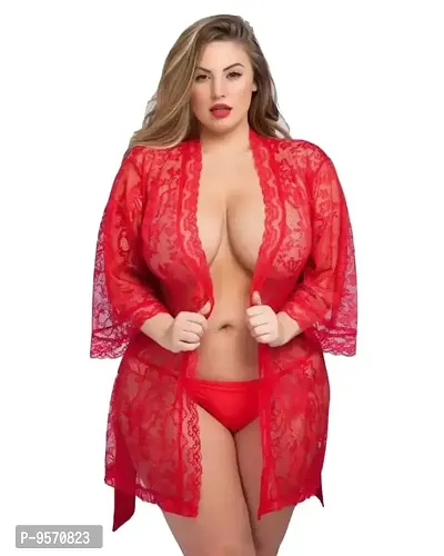 Love Maker Women's Satin and Net Nighty Robe with Panty Set (Free Size)(1011-Red)