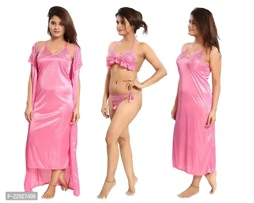 Stylish Casual Pink Solid Satin Nightdress For Women