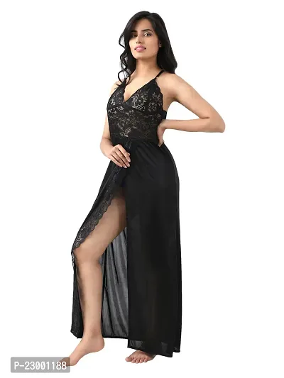 Satin Solid Maxi Length Nightgown (Black_Free Size)-thumb4