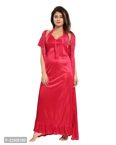 Reposey Women Red Satin Solid Nighty With Robe (Free Size )-thumb0