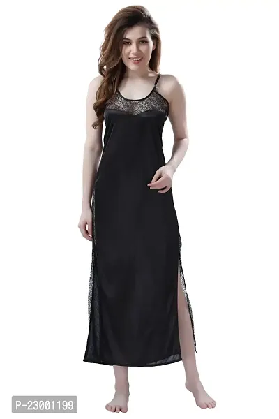 Satin Solid Maxi Length Nightgown (Black_Free Size)-thumb0