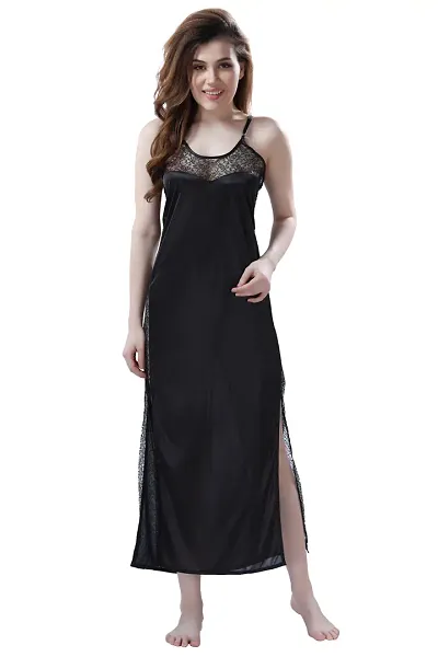 Satin Solid Maxi Length Nightgown (Black_Free Size)