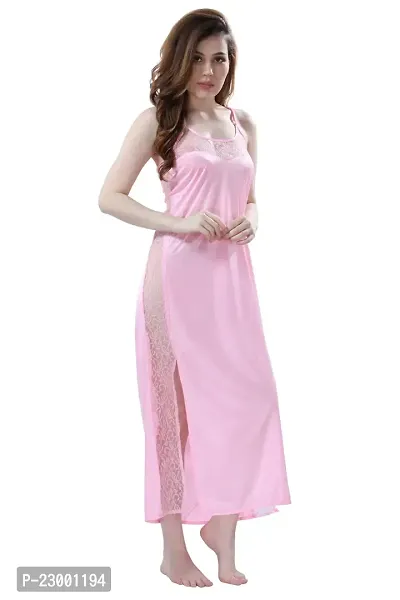 Satin Solid Maxi Length Nightgown (Pink_Free Size)-thumb4