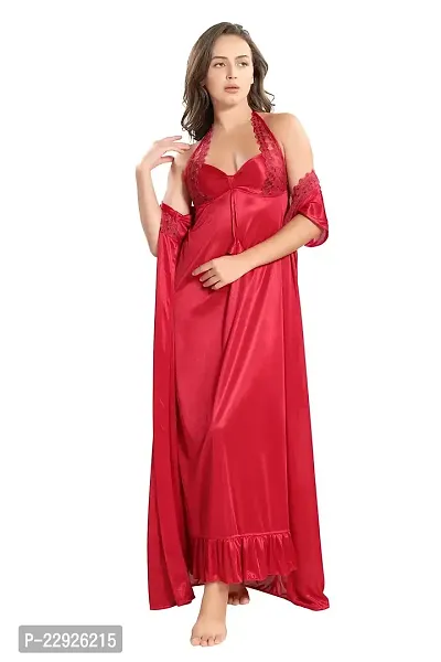 Reposey Women Maroon Satin Solid Nighty With Robe (Free Size )