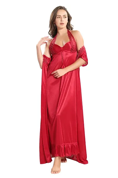 Reposey Women Satin Solid Nighty With Robe (Free Size )