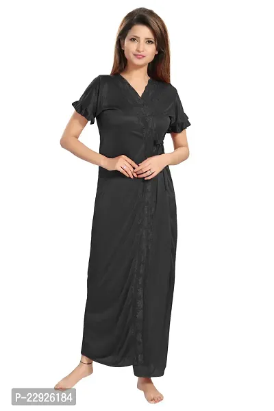 Reposey Women Black Satin Solid Nighty With Robe (Free Size )-thumb3