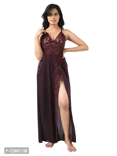 Satin Solid Maxi Length Nightgown (Brown_Free Size)