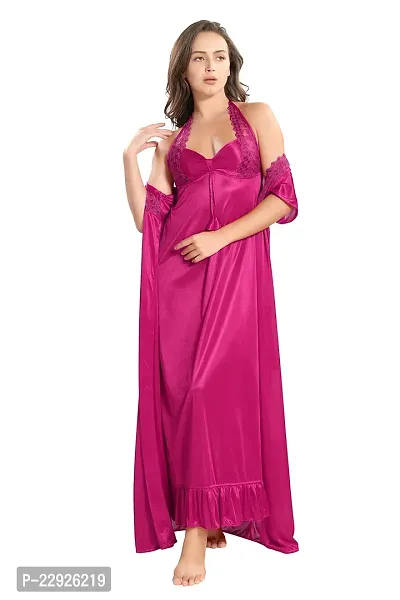 Reposey Women Magenta Satin Solid Nighty With Robe (Free Size )-thumb0