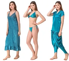 Satin Solid Nighty with Robe, Pajama with Top and Bra with Panty (Blue_Free Size) Nightwear Set Pack of 6-thumb3