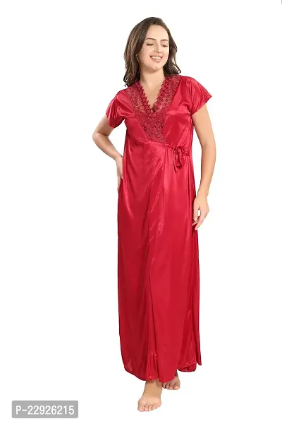 Reposey Women Maroon Satin Solid Nighty With Robe (Free Size )-thumb3