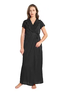 Reposey Women Black Satin Solid Nighty With Robe (Free Size )-thumb2