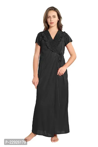 Reposey Women Black Satin Solid Nighty With Robe (Free Size )-thumb3