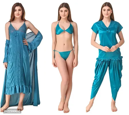 Satin Solid Nighty with Robe, Pajama with Top and Bra with Panty (Blue_Free Size) Nightwear Set Pack of 6-thumb0