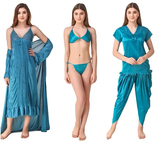 Satin Solid Nighty with Robe, Pajama with Top and Bra with Panty (Blue_Free Size) Nightwear Set Pack of