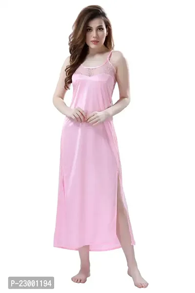 Satin Solid Maxi Length Nightgown (Pink_Free Size)-thumb0