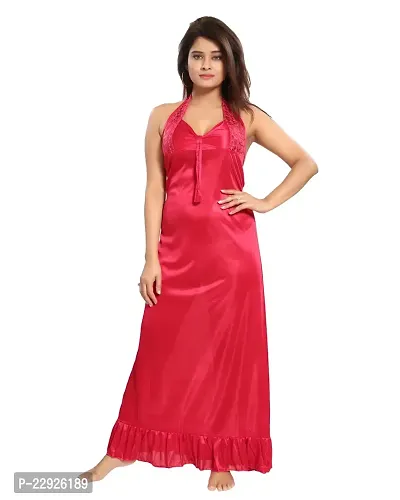 Reposey Women Red Satin Solid Nighty With Robe (Free Size )-thumb2