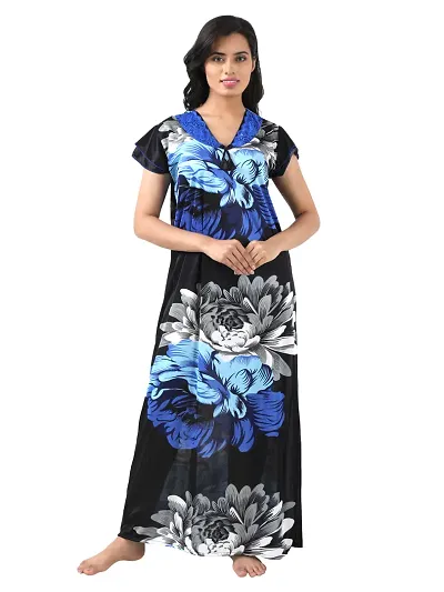 Satin Floral Maxi Length Nightgown (Blue_Free Size)