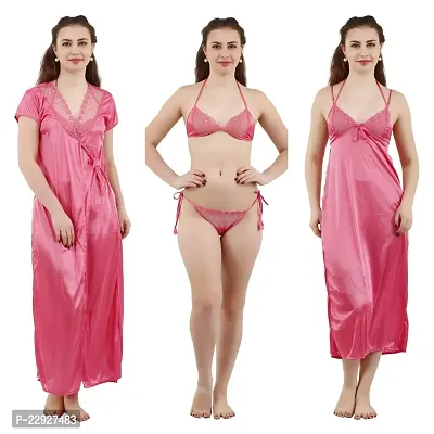 Stylish Casual Pink Solid Satin Nightdress For Women-thumb0