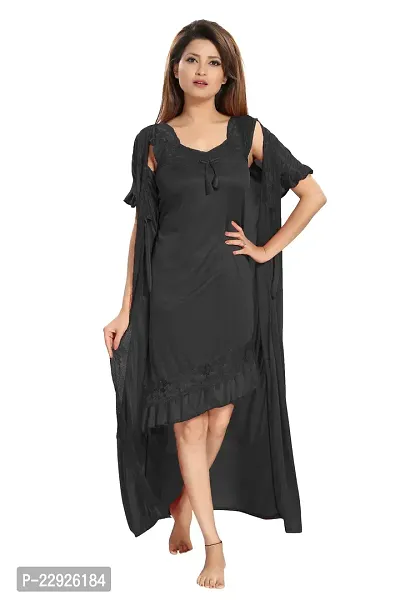 Reposey Women Black Satin Solid Nighty With Robe (Free Size )-thumb0