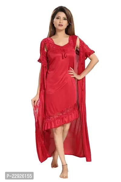 Reposey Women Maroon Satin Solid Nighty With Robe (Free Size )