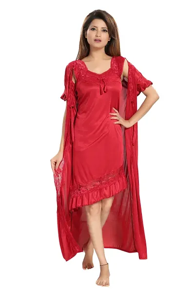 Reposey Women Satin Solid Nighty With Robe (Free Size )