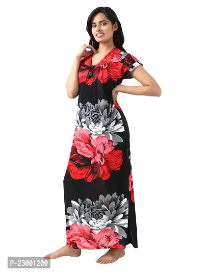 Satin Floral Maxi Length Nightgown (Red_Free Size)-thumb3