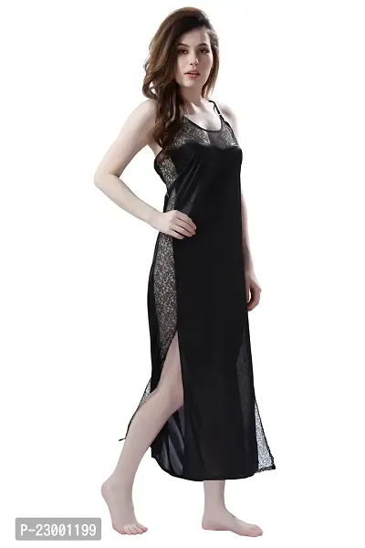 Satin Solid Maxi Length Nightgown (Black_Free Size)-thumb4