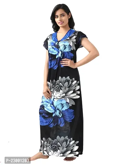 Satin Floral Maxi Length Nightgown (Blue_Free Size)-thumb3