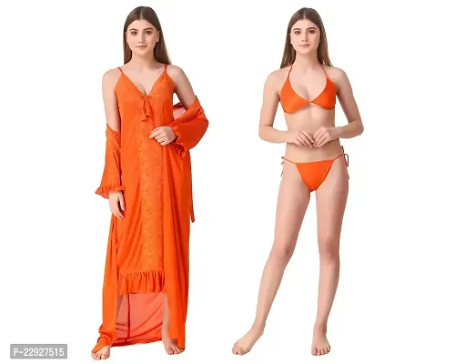 Stylish Casual Orange Solid Satin Nightdress For Women