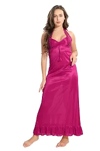 Reposey Women Magenta Satin Solid Nighty With Robe (Free Size )-thumb1