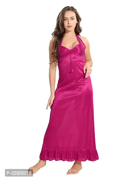 Reposey Women Magenta Satin Solid Nighty With Robe (Free Size )-thumb2