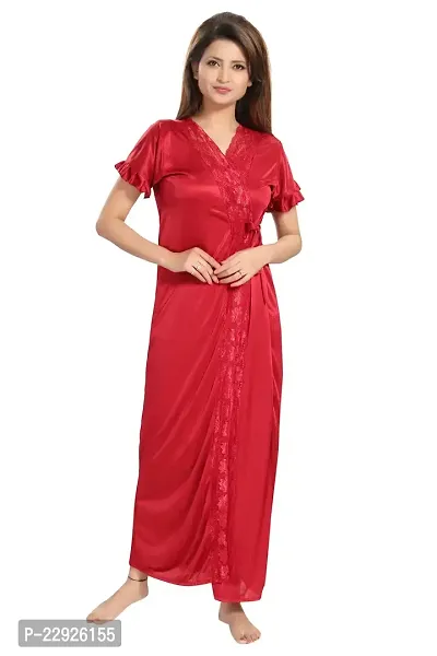 Reposey Women Maroon Satin Solid Nighty With Robe (Free Size )-thumb3