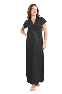 Reposey Women Black Satin Solid Nighty With Robe (Free Size )-thumb2