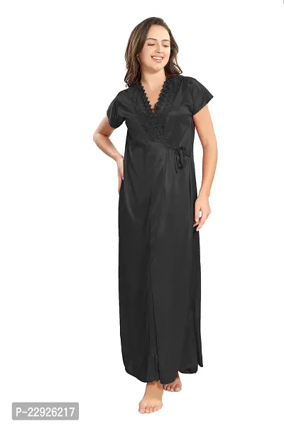 Reposey Women Black Satin Solid Nighty With Robe (Free Size )-thumb3